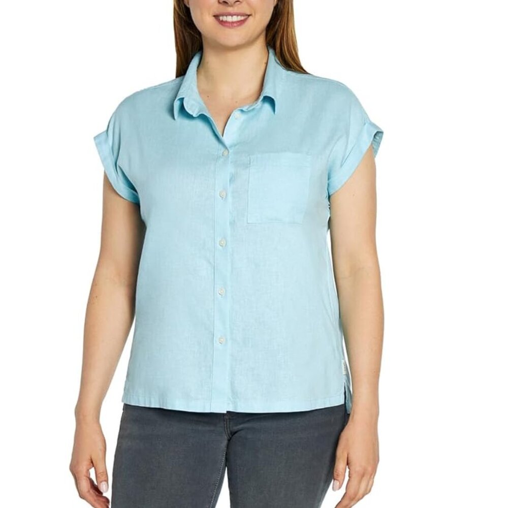 NEW Orvis Short Sleeve Rolled Cuffed Tacked Solid Front Linen Blend Shirt Top 10